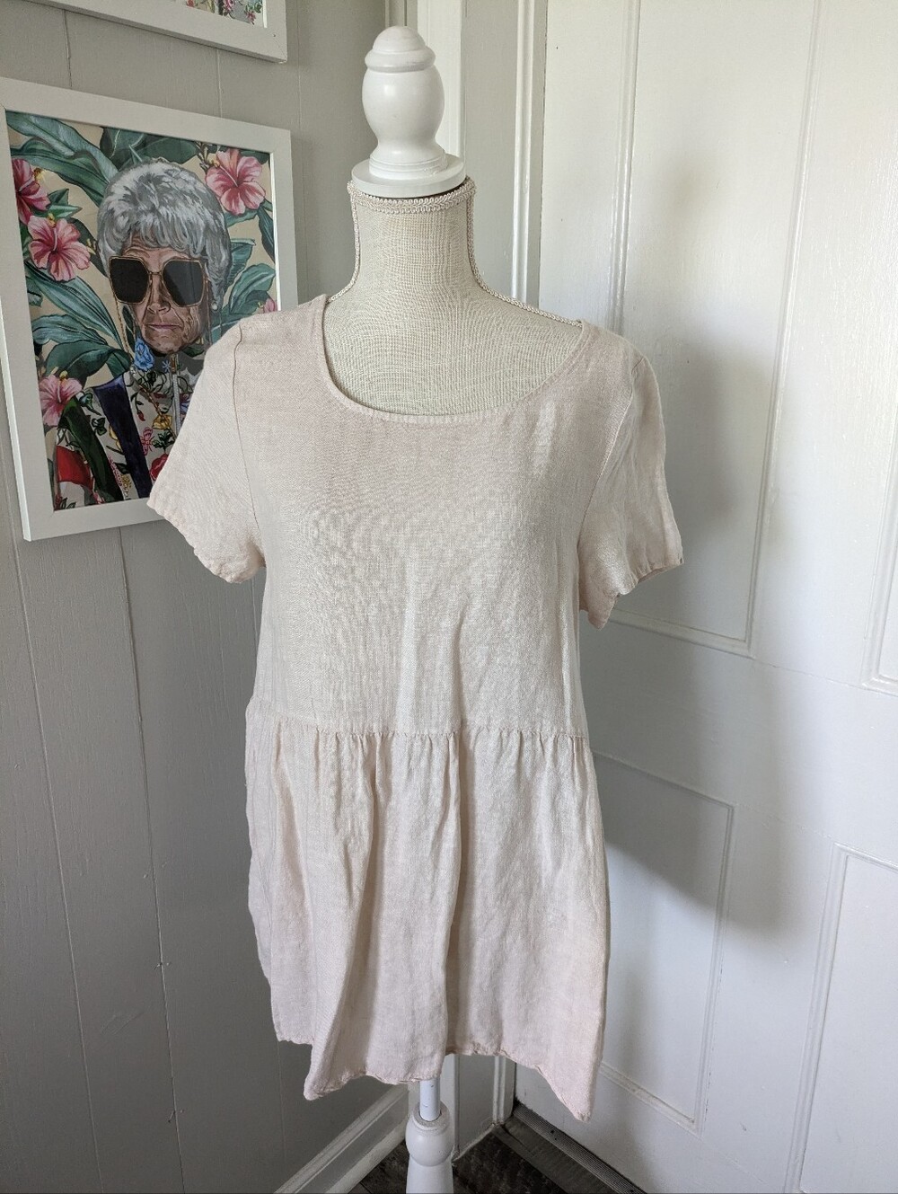 Laura Bianchi Made In Italy Linen Beige Peplum Ruffle Tunic Top Women’s Size S